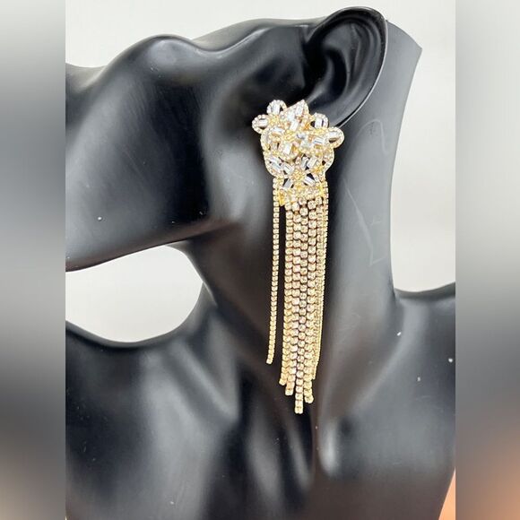 Gold Crystal Rhinestone Fringe Dangle Earrings – Elegant Statement Piece - Picture 3 of 9
